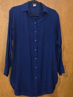 Venus Navy blue tunic button up blouse size Medium Gauze Semi sheer long sleeve